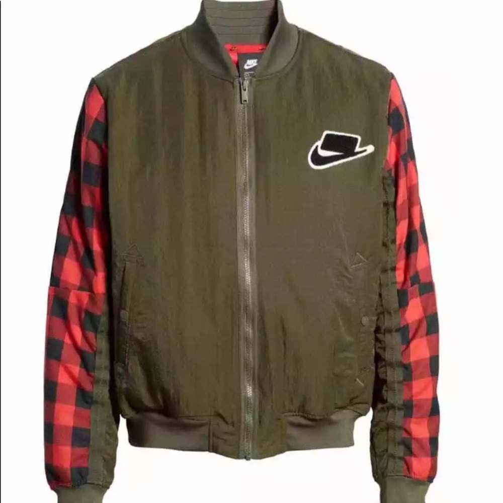 Nike NSW Bomber Red Plaid Sportswear Olive Dark
